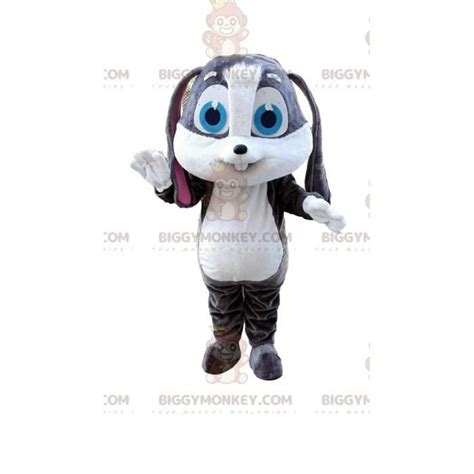 Costume De Mascotte Biggymonkey De Gros Lapin Gris Et Blanc Avec De