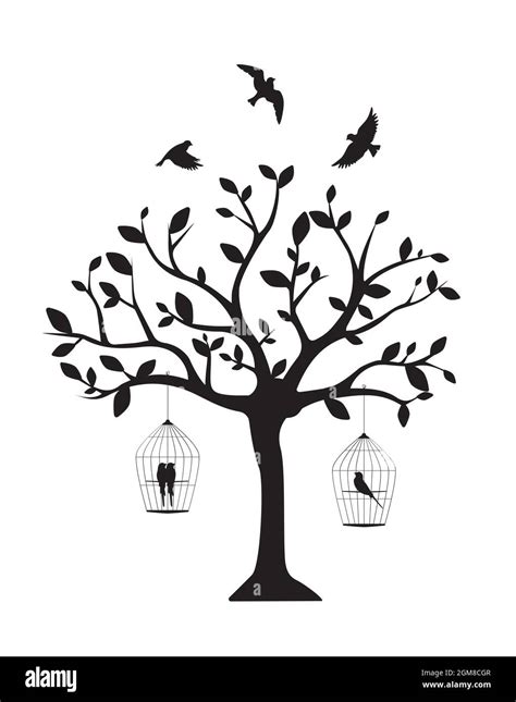 Tree silhouette with birdcage and flying bird silhouettes, vector ...