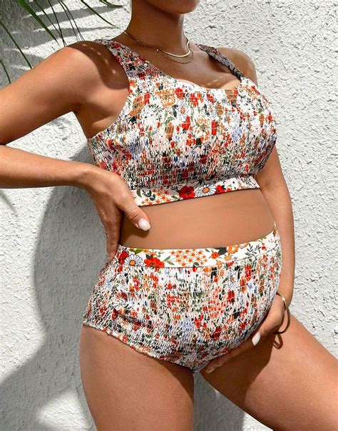 SHEIN CIĄŻOWY STRÓJ KĄPIELOWY BIKINI KOMPLET MARSZCZENIA KWIATY FO8 NF9