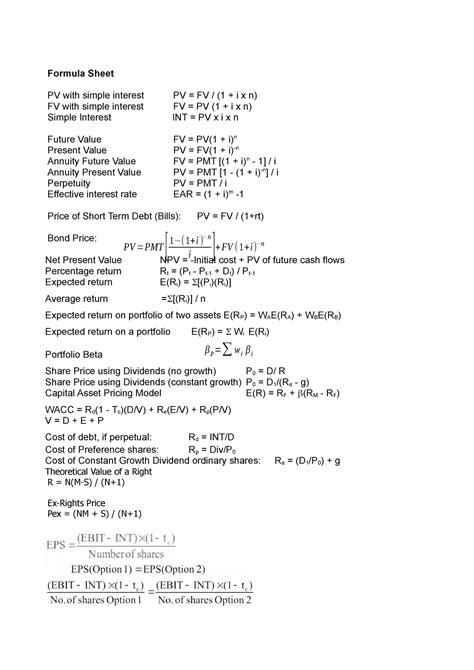 Bfin Formula Sheet Formula Sheet Pv With Simple Interest Pv Fv