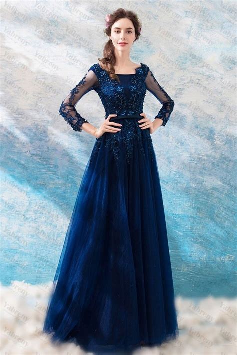 Dark Blue Scoop Prom Dresses Long Sleeves Hand Beading Evening Dresses