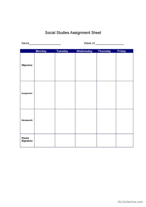 Weekly Assignment Sheet English Esl Worksheets Pdf And Doc Worksheets Library