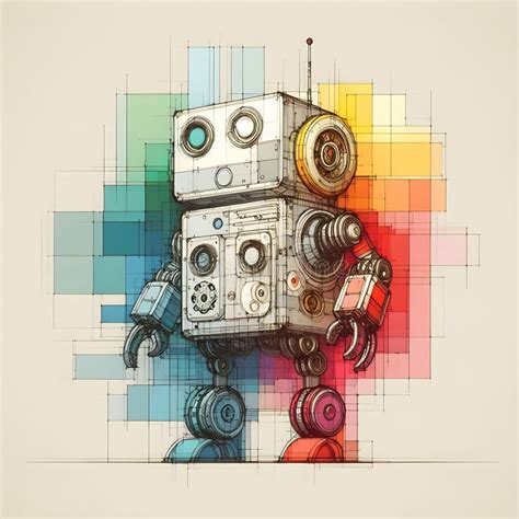 Minimalist Painting Of Sci Fi Cute Robot Design Stock Illustration