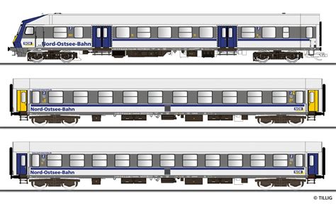 Tillig 01087 3er Set Personenwagen Mit Steuerwagen Nord Ostsee Bahn