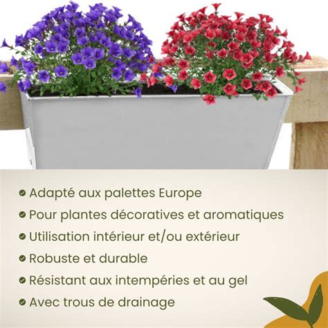 6 Jardinières Balcon Palette Clôture Métal blanc 36x9x12cm Trous