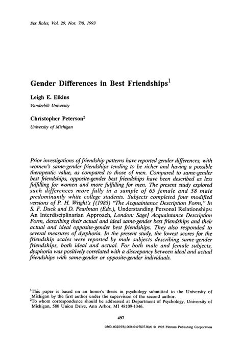 PDF Gender Differences In Best Friendships Sex Roles