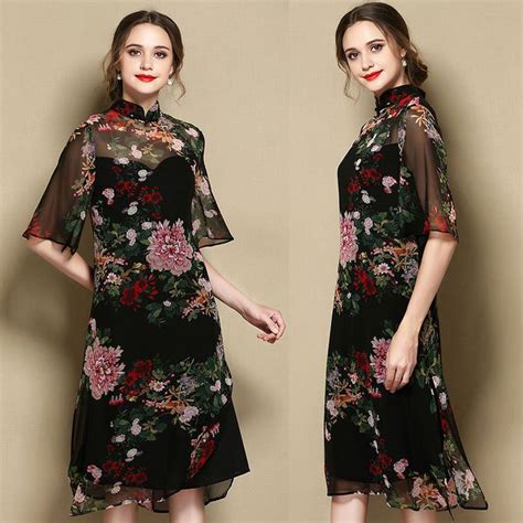 Resplendent Peony Flowers Silk Qipao Cheongsam Dress Cheongsam Dress