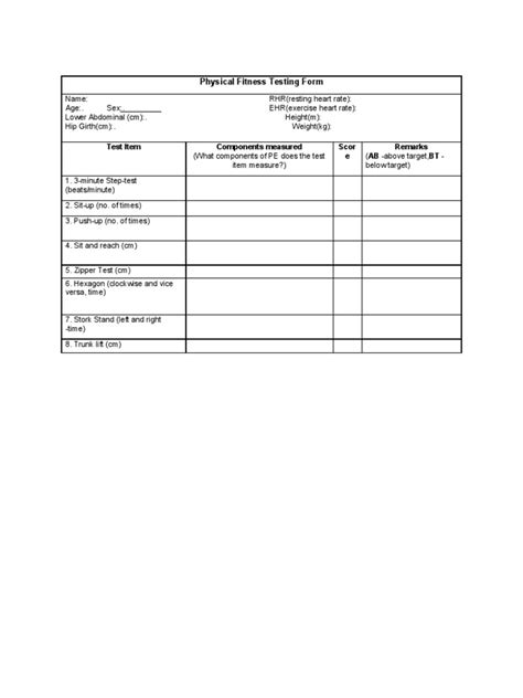 Physical Fitness Testing Form Test Item Components Measured Scor E