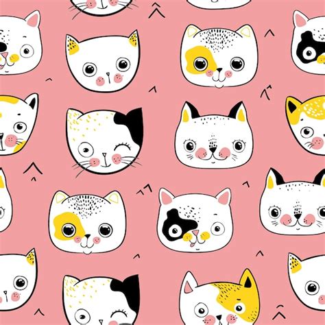 Premium Vector Cute Cats Hads Colorful Seamless Pattern Background