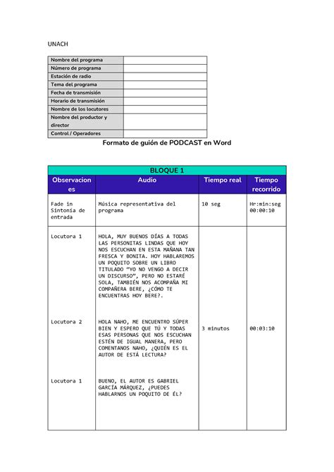 Formato Guion Radio UNACH Nombre Del Programa N Mero De Programa