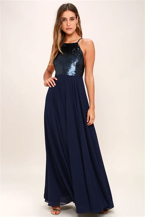 Lovely Navy Blue Dress Sequin Dress Maxi Dress 8900