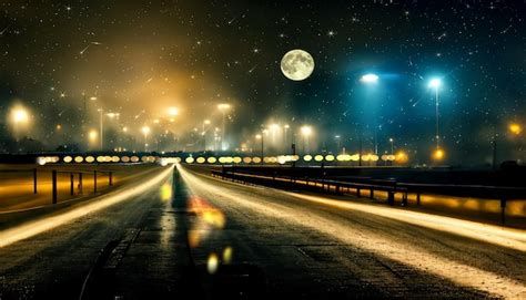 Premium Photo | Highway at night , city light blurred reflection on horizon road starry sky and moon