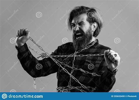 Brutal Bearded Man In Checkered Shirt Mature Guy With Beard And