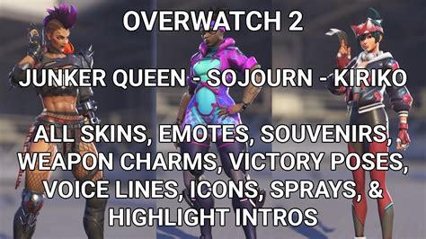 Overwatch Junker Queen Sojourn Kiriko All Skins Emotes Souvenirs