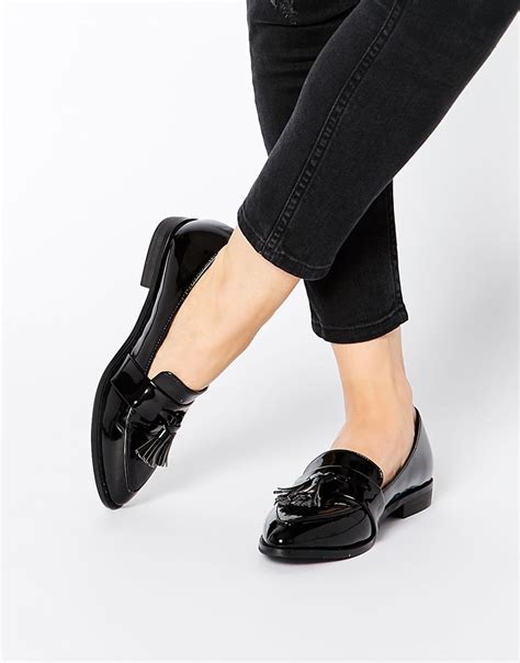 Daisy street Black Patent Tassel Flat Loafer Shoes in Black | Lyst