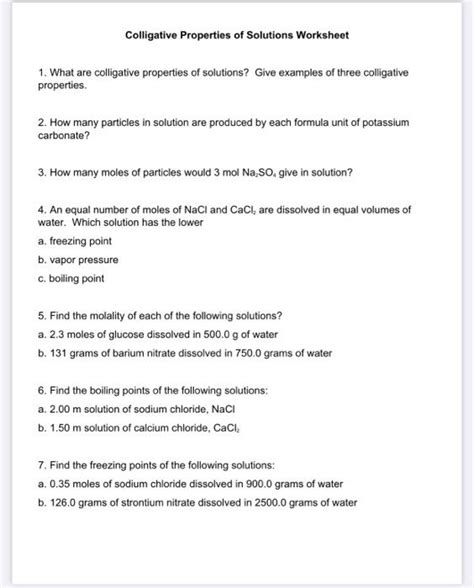 Solved Colligative Properties Of Solutions Worksheet 1 What Chegg