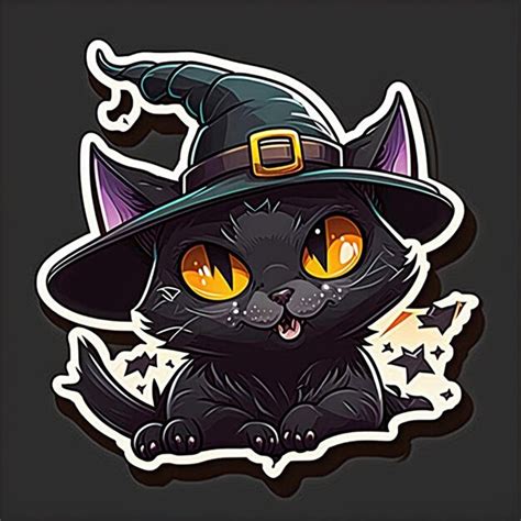 Premium Photo Cartoon Black Cat Wearing A Witch Hat And Holding A Bat