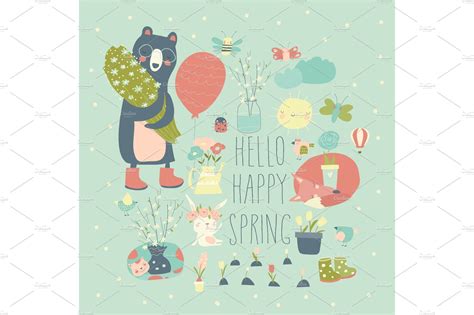 Set of cartoon animals and spring | Vector Graphics ~ Creative Market