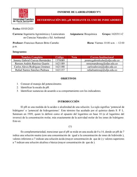 1620311 C Informe Lab Bioq 2023 1 Practica 1 P H Cuevas Jeremy