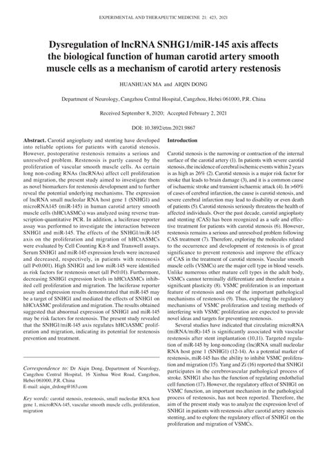 PDF Dysregulation Of LncRNA SNHG1 MiR145 Axis Affects The Biological