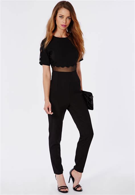 Missguided Scallop Mesh Panel Jumpsuit Black Jumpsuits For Women