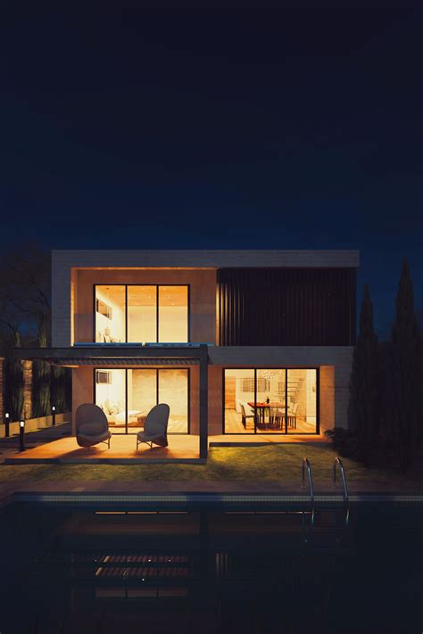 Modern Home Exterior Night Rendered In Keyshot Exterior Rendering