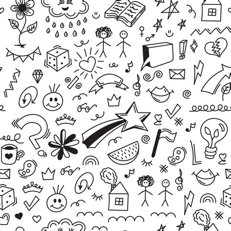 Doodle Seamless Pattern In Black And White Repeated With Mini Doodle