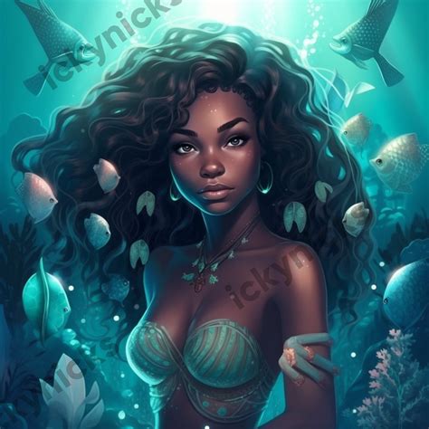 Black Ai Art Melanin Mermaid Digital Artwork African American Woman Clipart Dark Fantasy Fanfic ...