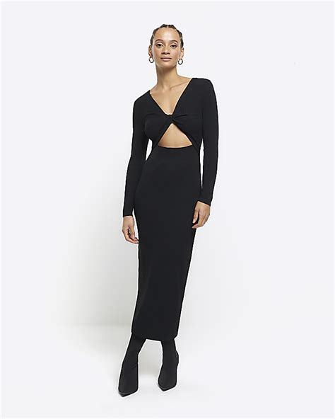 Black Rib Knot Bodycon Midi Dress River Island