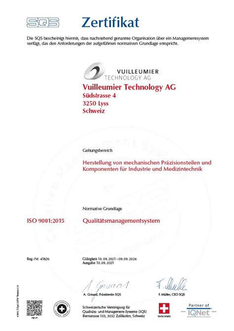 ISO Zertifikate Qualitätsmanagement Vuilleumier Technology AG