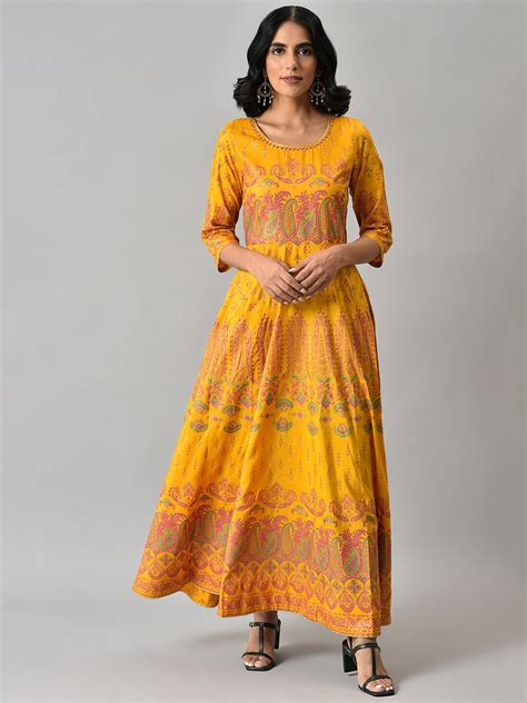 Buy W Women Yellow And Pink Printed Polyester Ethnic Maxi Dress Ethnic