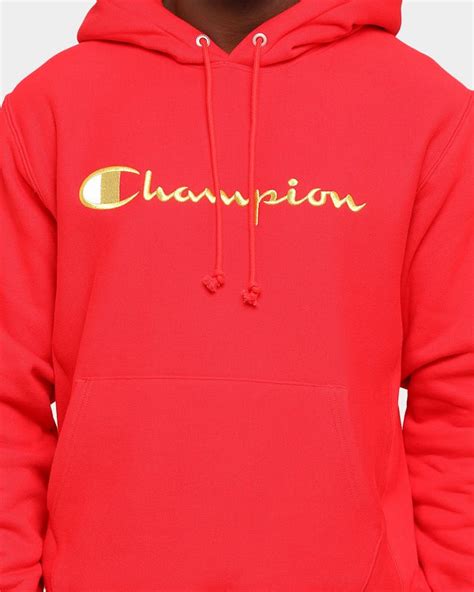 Champion Mens Rev Weave Embroidered Script Hoodie Redgold Culture Kings