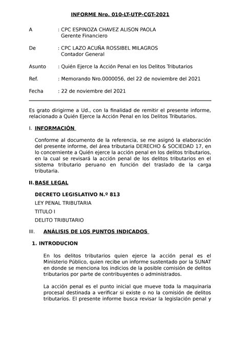 Informe Qui N Ejerce La Acci N Penal En Los Delitos Tributarios