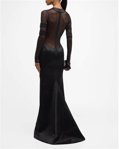 LaQuan Smith Plunging Scoop Neck Mesh Long Sleeve Satin Gown Neiman