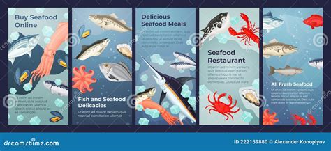 Collection Of Seafood Fresh Fish Restaurant Banners Vector Flat