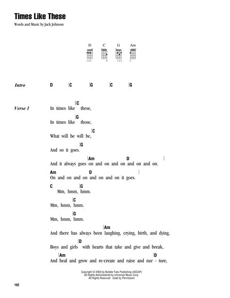 Times Like These Sheet Music | Jack Johnson | Ukulele with strumming patterns