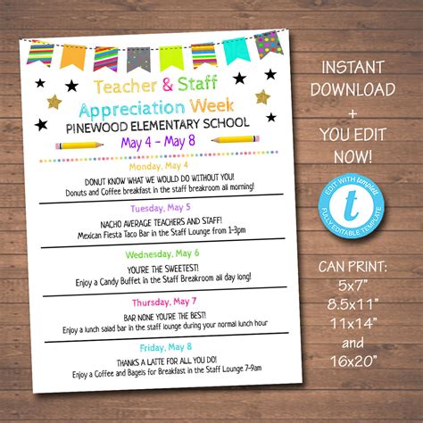 Teacher Appreciation Week Schedule Of Events Printable Tidylady Printables