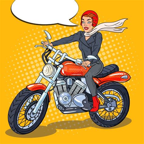 Pop Art Biker Woman In Helmet Riding A Motorcycle Stock Vector