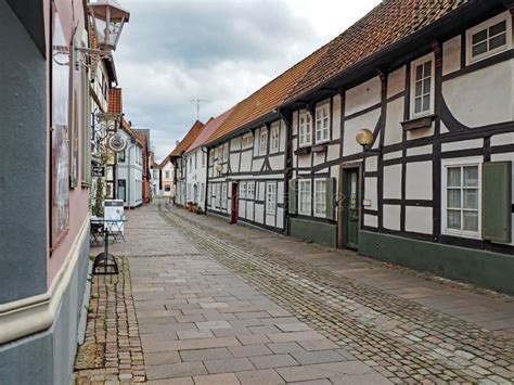 Historic Half Timbered Houses In The Old Town Of Nienburg On The Weser