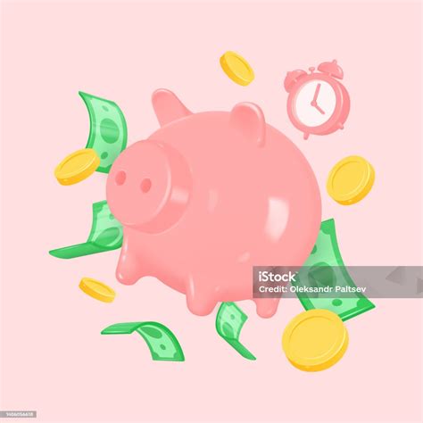 Jam Alarm 3d Celengan Koin Emas Dan Uang Kertas Dolar Dalam Penerbangan Ilustrasi Vektor