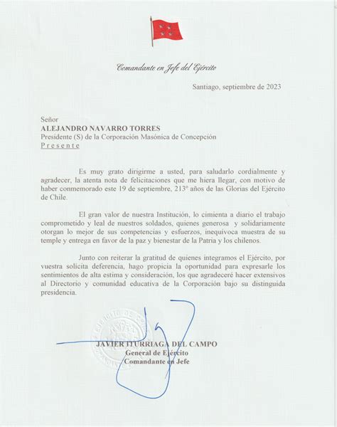 Carta De Agradecimiento Del Comandante En Jefe Del Ej Rcito Coemco