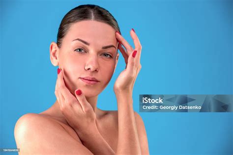 Close Up Beauty Portrait Of Young Woman Brunette Smiling And Touching