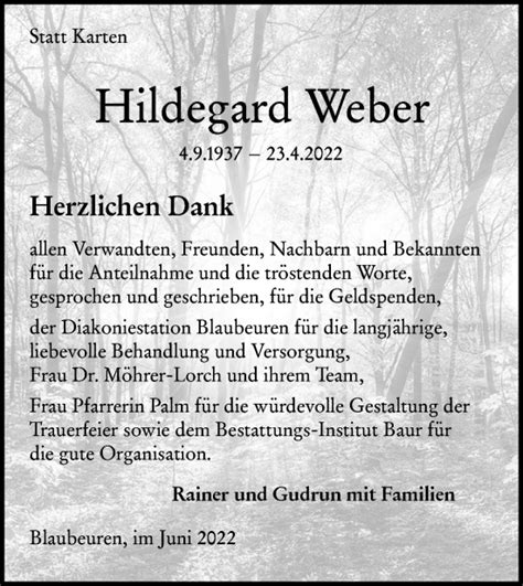 Traueranzeigen von Hildegard Weber Südwest Presse Trauer