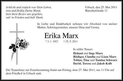 Traueranzeigen Von Erika Marx ZVW Trauer