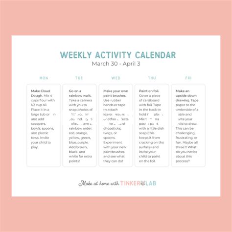 Weekly Activity Calendar (Download) - TinkerLab