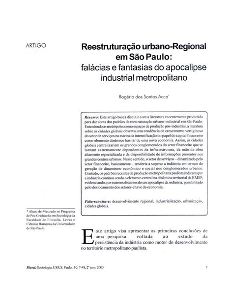 PDF Reestruturação urbano Regional em São Paulo falácias e fantasias