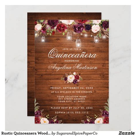 Rustic Quinceanera Wood Jar Lights Burgundy Floral Invitation Zazzle