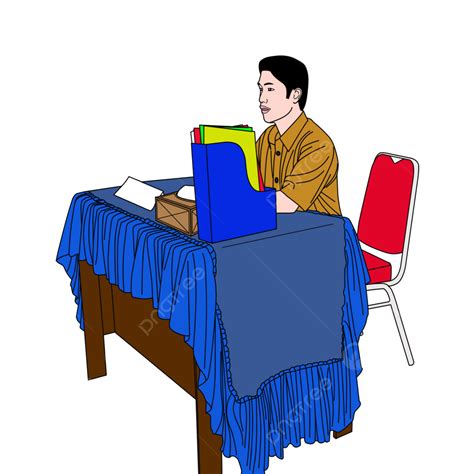 Sitting At Desk White Transparent, Vector School Teacher Sitting At The ...