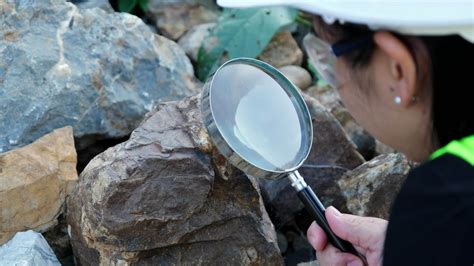 Female Geologist Using A Magnifying Glass Examines Nature Analyzing Rocks Or Pebbles