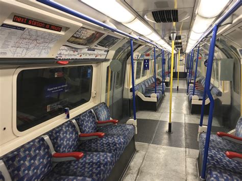 Interior Of A London Underground Piccadilly Line 1973 Stock Train Featuring Reupholstered